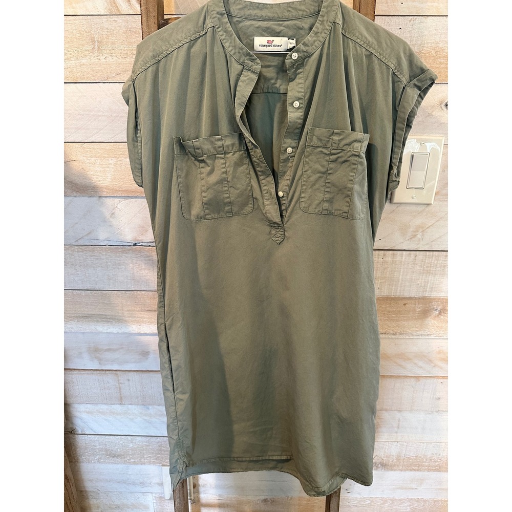 Vineyard Vines Olive Green Utility Shirt Dress Mandarin Collar Mini Size 4